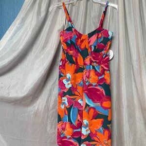 Bold Floral Spaghetti-Strap Midi Dress in Teal with Orange & Pink